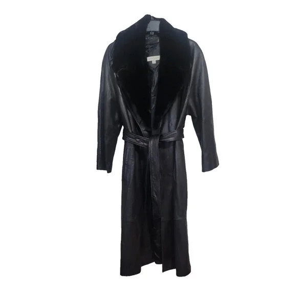 Lord & Taylor Black Vintage Long Suede Leather Coat W/Faux Fur Collar Size M